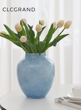 高级感蓝色贴别好看玻璃花瓶摆件法式中古客厅桌面插花装饰品花器