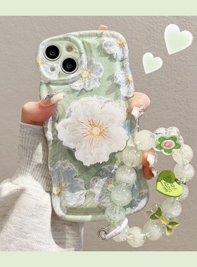绿色油画花朵适用苹果13Promax手机壳新款iPhone14小清新mini全包硅胶1软壳8plus不会撞壳的xs防摔保护套ip12