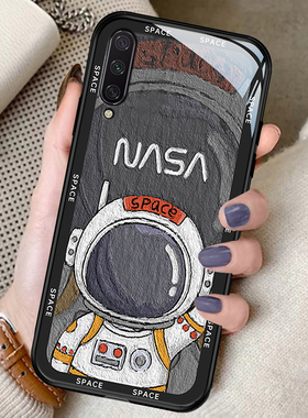 小米cc9手机壳新款油画玻璃液态硅胶壳Xiaomicc9E卡通全包浮雕保护套小米cc9Pro网红创意宇航员