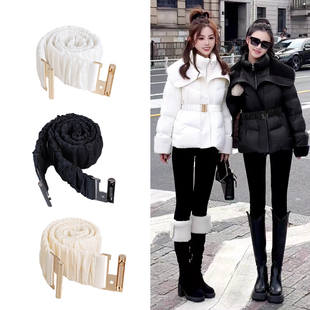 羽绒服专用腰带配件弹力松紧收腰女士2025新款黑色白色腰封金色扣