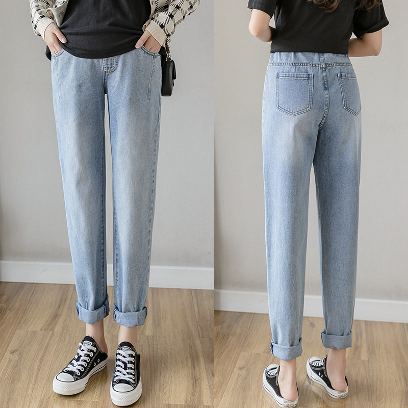 孕妇牛仔裤春秋款长裤矮个子韩版打底裤阔腿小直筒孕妇九分托腹裤