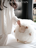 ELIN LONYAIN白色真皮羊羔羊毛圆形羊球抱枕客厅可爱玩偶公仔靠枕