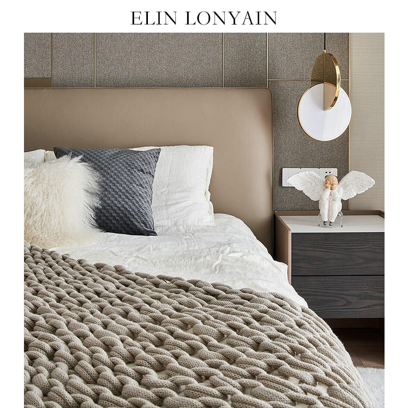 ELIN LONYAIN简约米灰色粗线针织编织搭毯别墅样板房床尾毯披毯