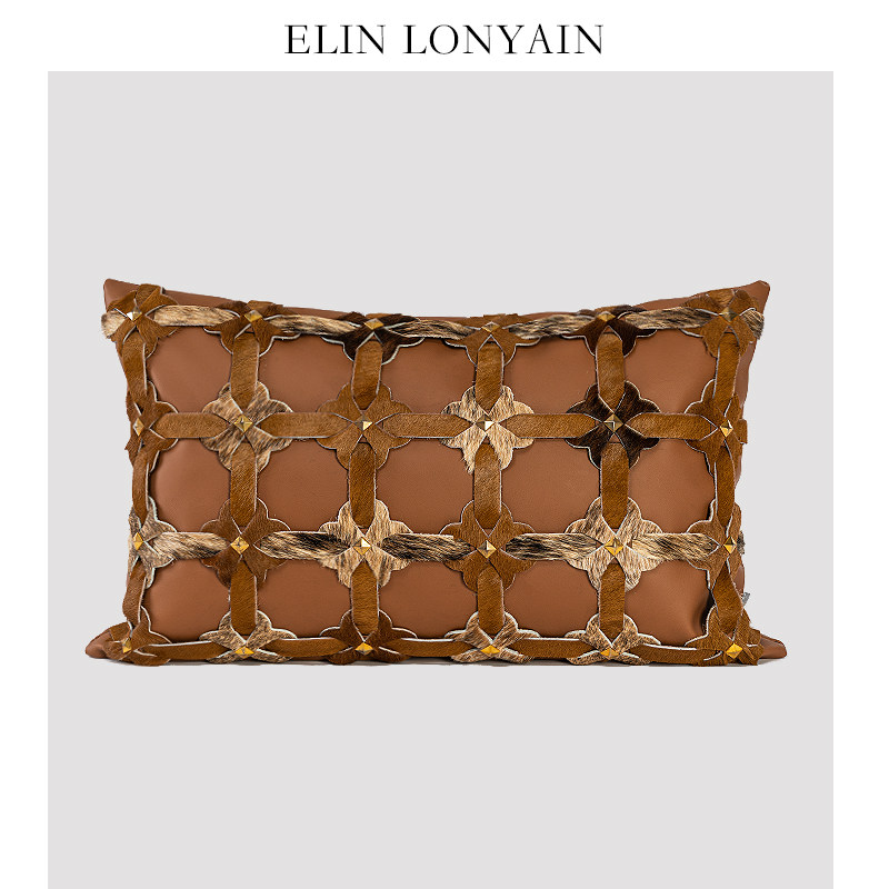 ELIN LONYAIN橘咖色马毛皮质雕花铆钉靠垫抱枕样板房客厅沙发腰枕,居家布艺,靠垫/抱枕,淘宝优惠券,粉丝福利购,淘宝优惠卷