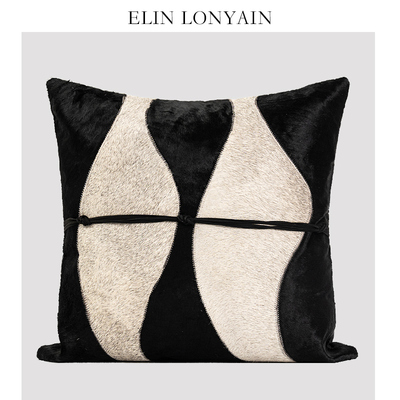 Elin Lonyain现代简约黑灰色拼接马毛靠垫枕头样板间沙发方枕腰枕
