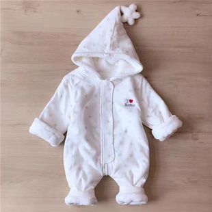 新生婴幼儿加厚连帽外出服我爱爸爸妈妈宝宝拉链保暖连体棉衣爬服