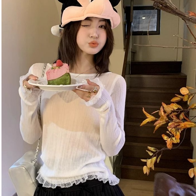 薄款蕾丝边打底衫女高级感2026年新款春秋冬纯色内搭针织衫上衣潮