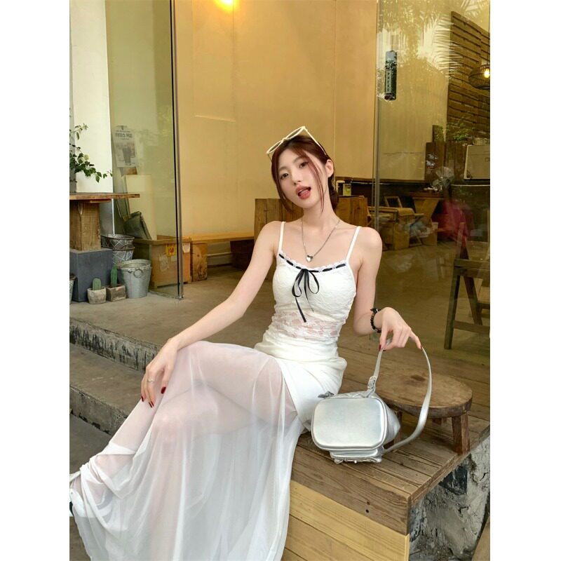 白色网纱拼接半身裙女装夏季高腰包臀裙子设计感小众半裙气质长裙