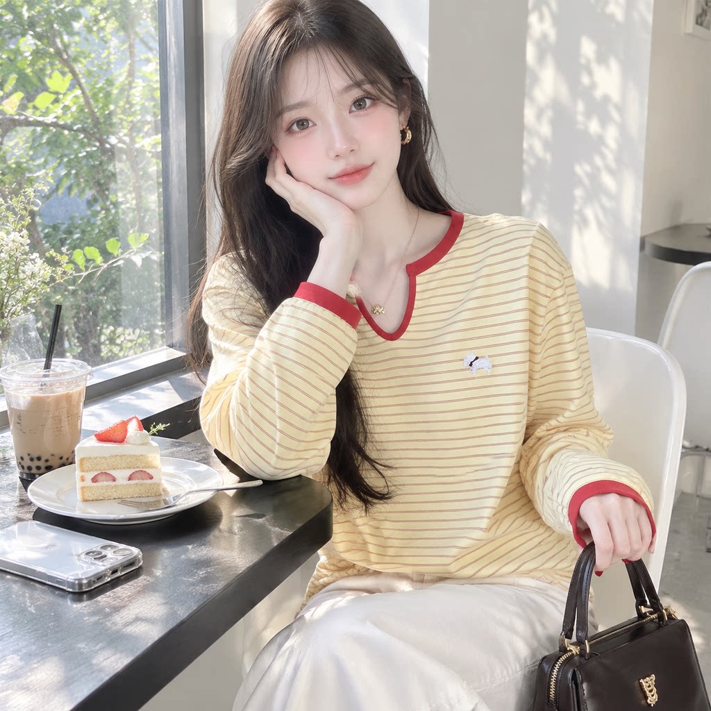 韩系chic黄V领条纹长袖T恤女