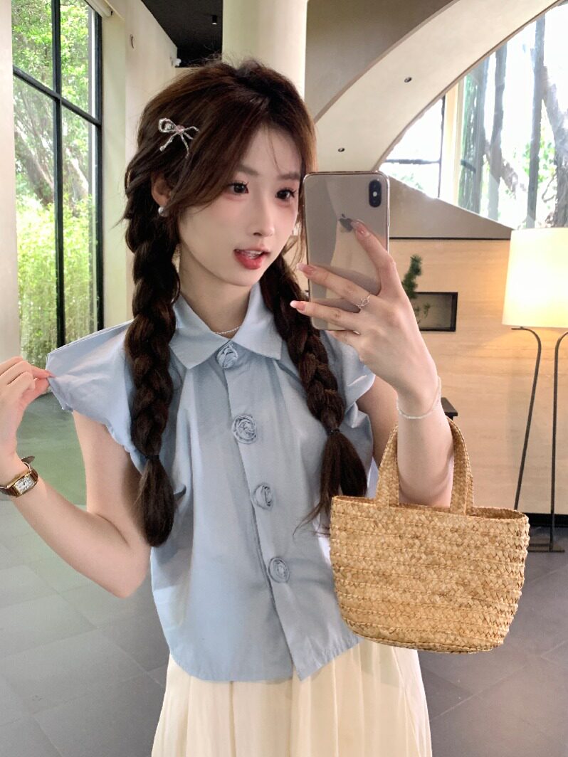 韩系穿搭法式飞飞袖蓝色衬衫女夏季polo领玫瑰衬衣设计感别致上衣