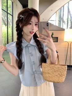 韩系穿搭法式飞飞袖蓝色衬衫女夏季polo领玫瑰衬衣设计感别致上衣