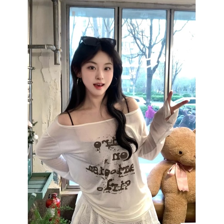 美式长袖T恤女夏季慵懒风显瘦新款宽松辣妹字母印花防晒薄款上衣