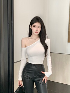 小心机性感修身显瘦百搭斜肩辣妹风小众T恤短款不对称长袖上衣女