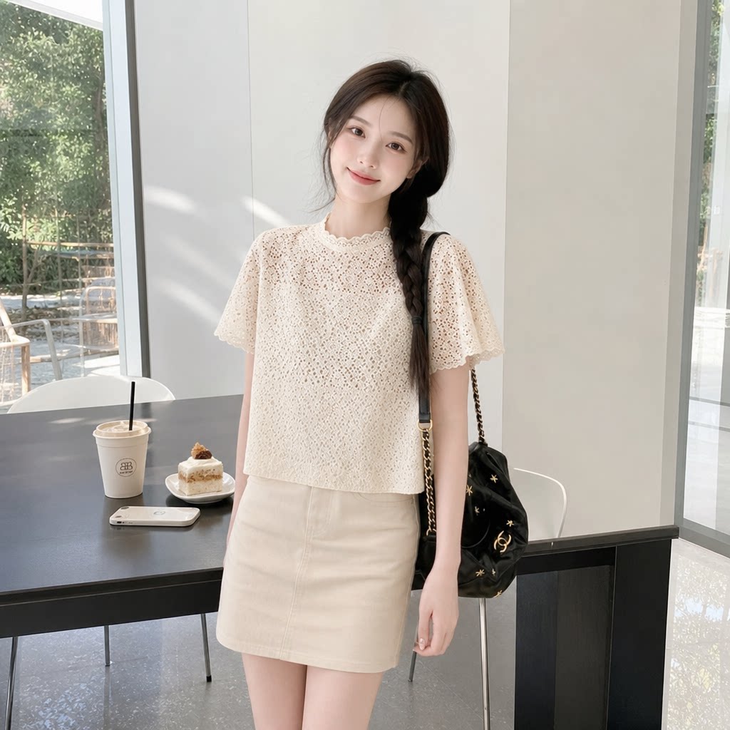 夏季法式蕾丝假两件显瘦T恤女