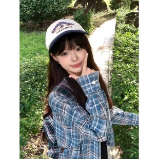 韩系撞色格子长袖衬衫秋季新款复古宽松慵懒风上衣开衫外套女chic