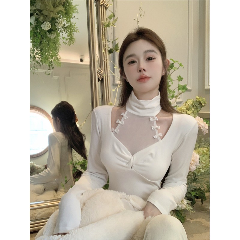 纯欲辣妹性感挂脖上衣女秋冬半高领假两件长袖t恤蕾丝内搭打底衫