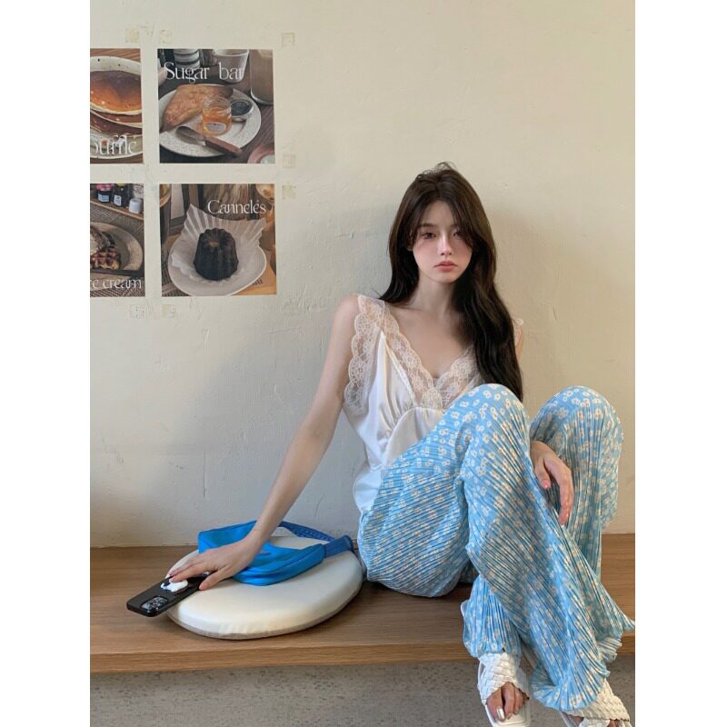 小清新百褶裤高腰显瘦阔腿裤女夏季薄款垂感百搭直筒拖地休闲裤子