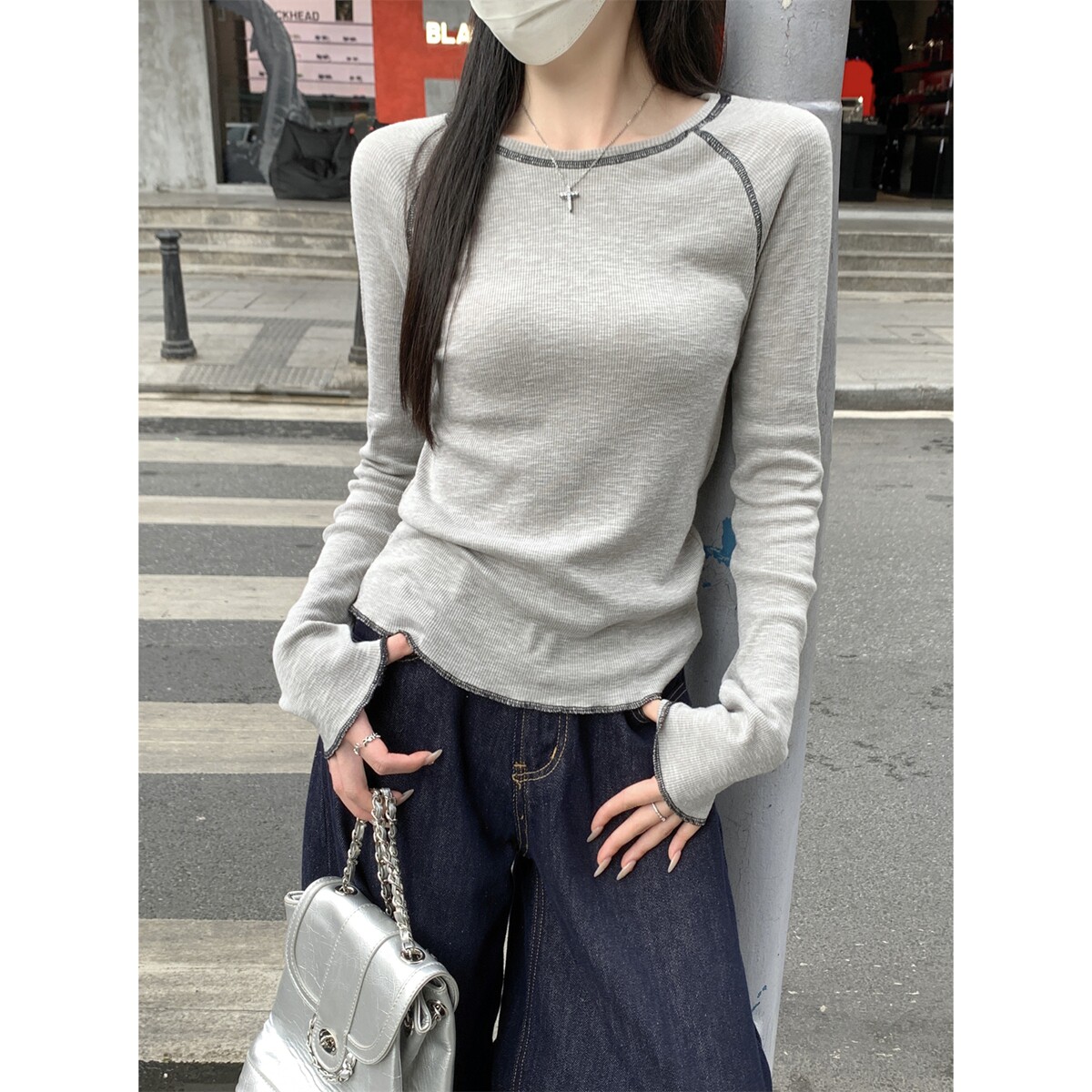 正肩t恤女长袖早秋chic上衣女打底衫圆领大码女装胖mm修身显瘦