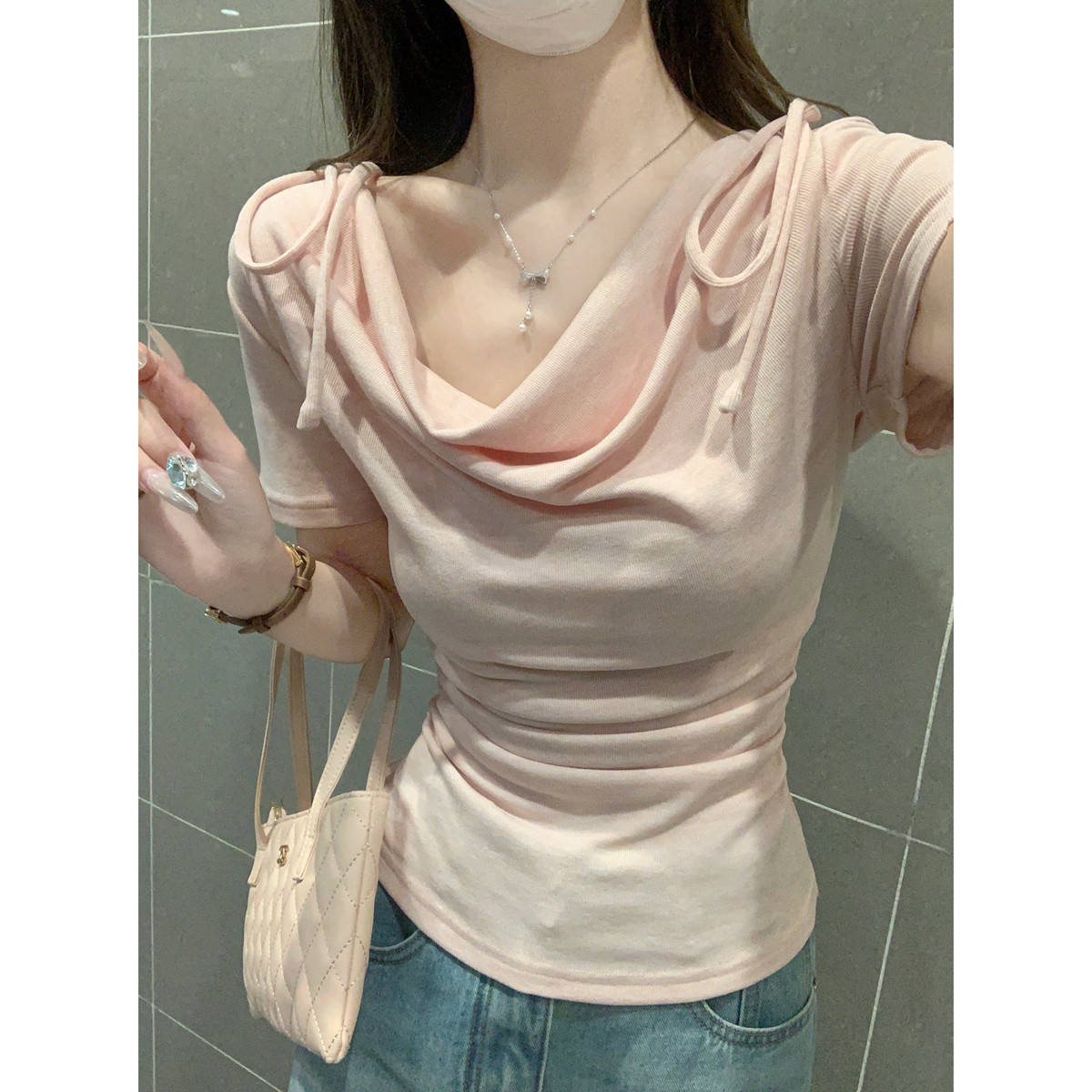 韩系纯欲粉色荡领正肩短袖T恤女夏季设计感修身收腰褶皱短款上衣