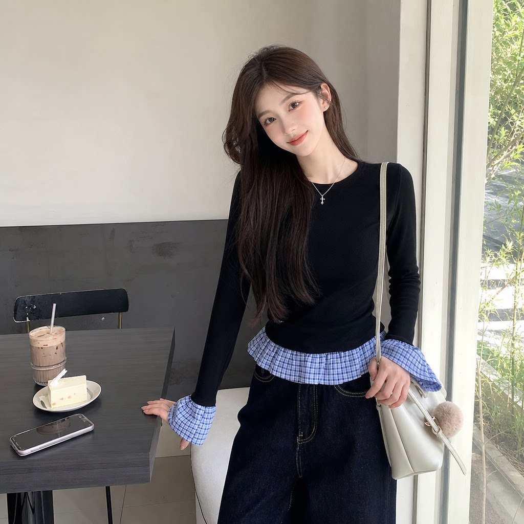 假两件格子德绒长袖显瘦T恤女