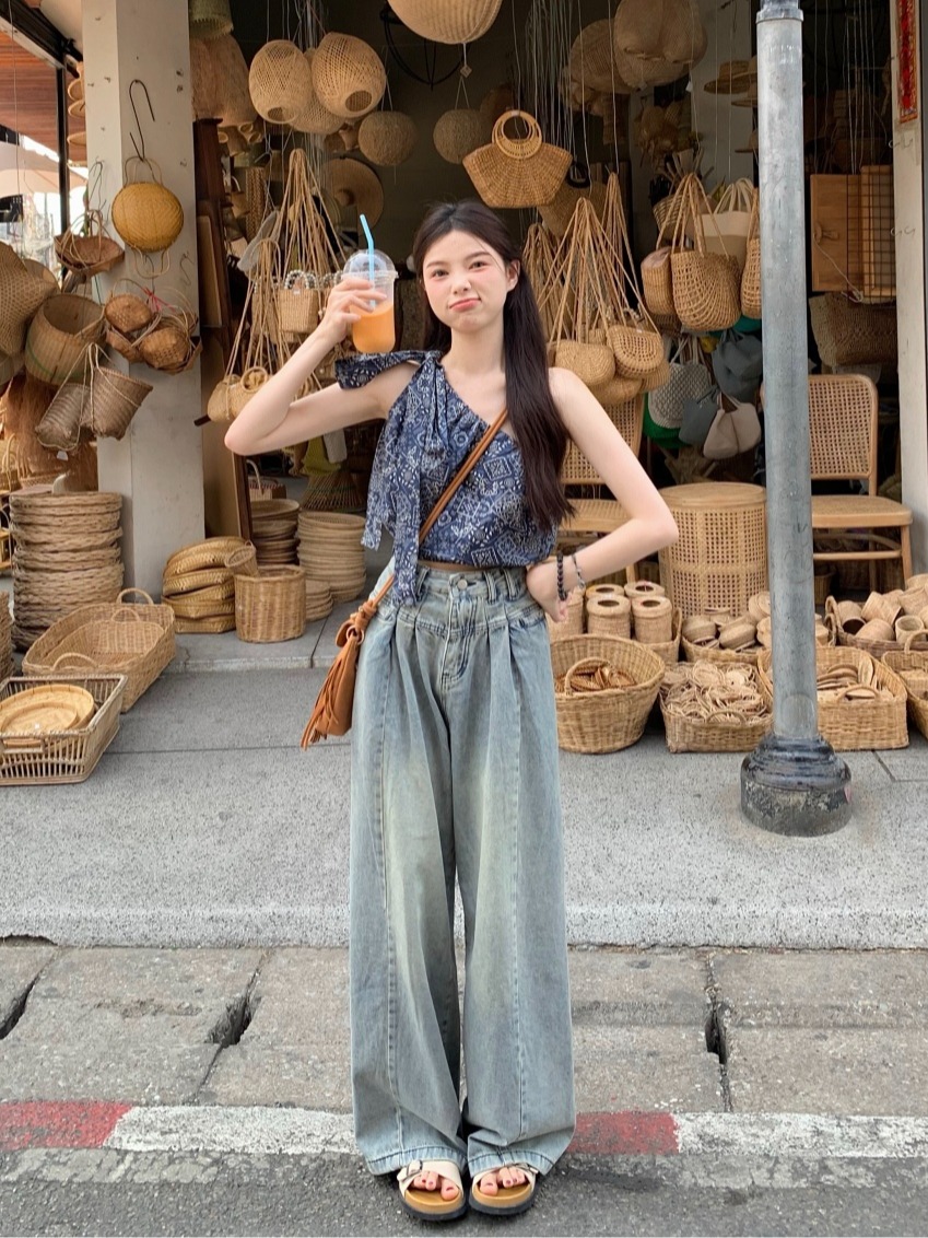 绑带设计感复古印花泰式斜肩背心女春秋2024外穿小众短款显瘦无袖