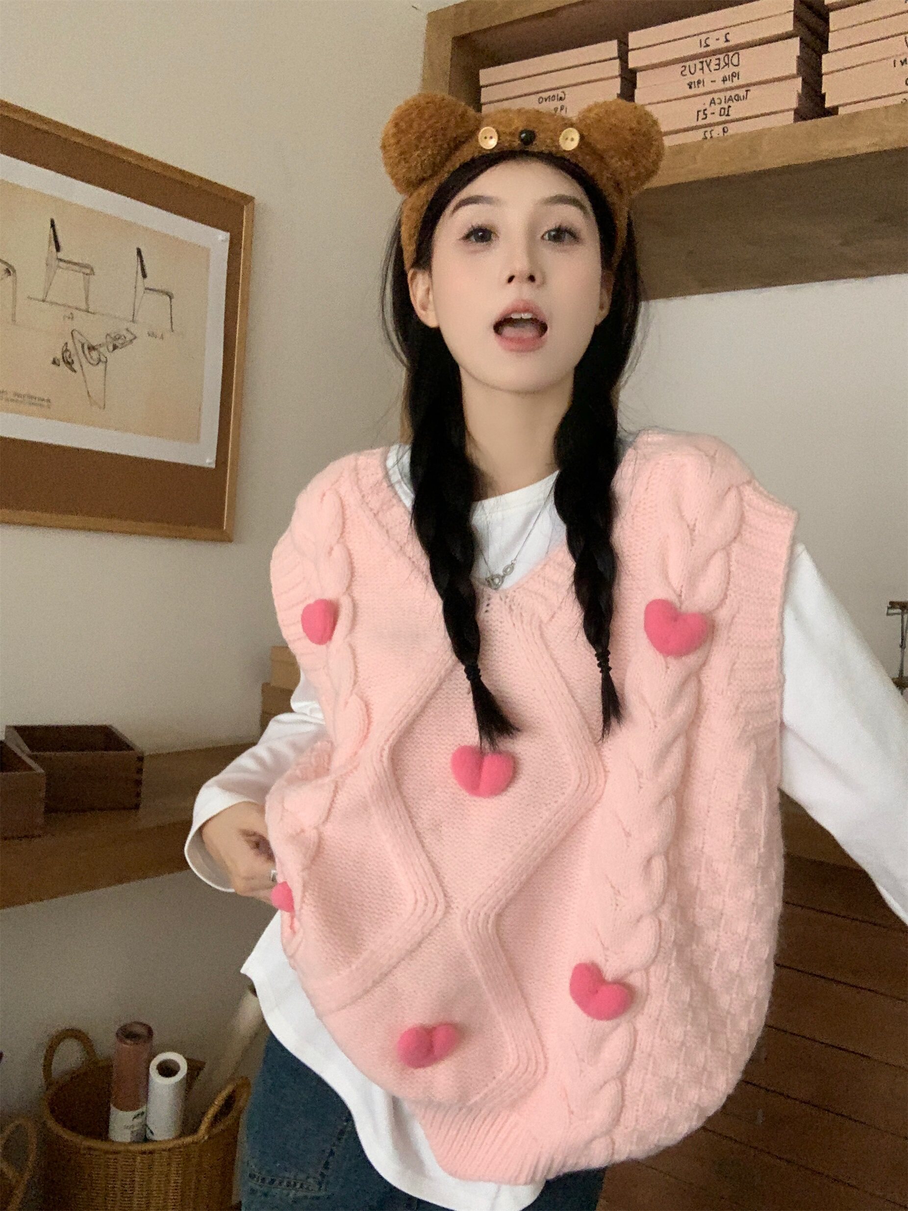 立体爱心背后系绳针织马甲套装