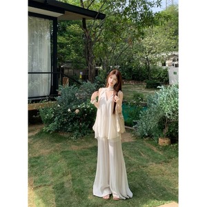 法式甜美飘带挂脖v领衬衫女夏季设计感小众无袖娃娃衫长裤一整套