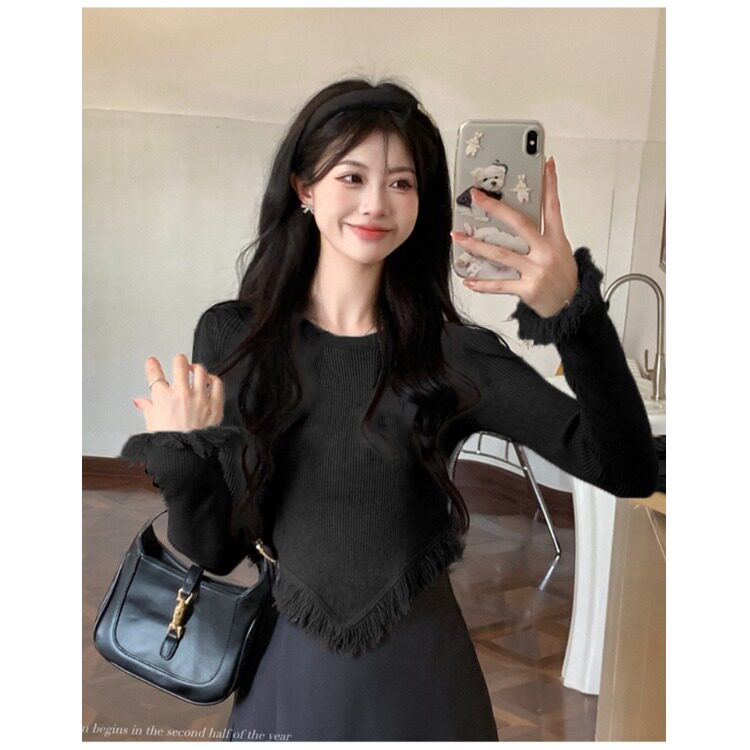 秋冬设计感圆领流苏不规则长袖T恤女修身纯欲风洋气短款秋款上衣