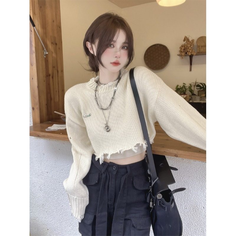 破洞短款毛边长袖毛衣女春季2026新款设计感小众宽松外穿针织上衣