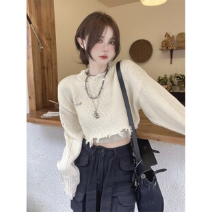破洞短款毛边长袖毛衣女春季2025新款设计感小众宽松外穿针织上衣