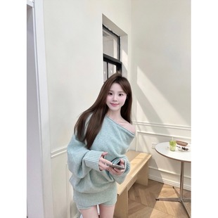 高级感针织套装女秋冬季宽松慵懒风斜肩上衣休闲短裤两件套