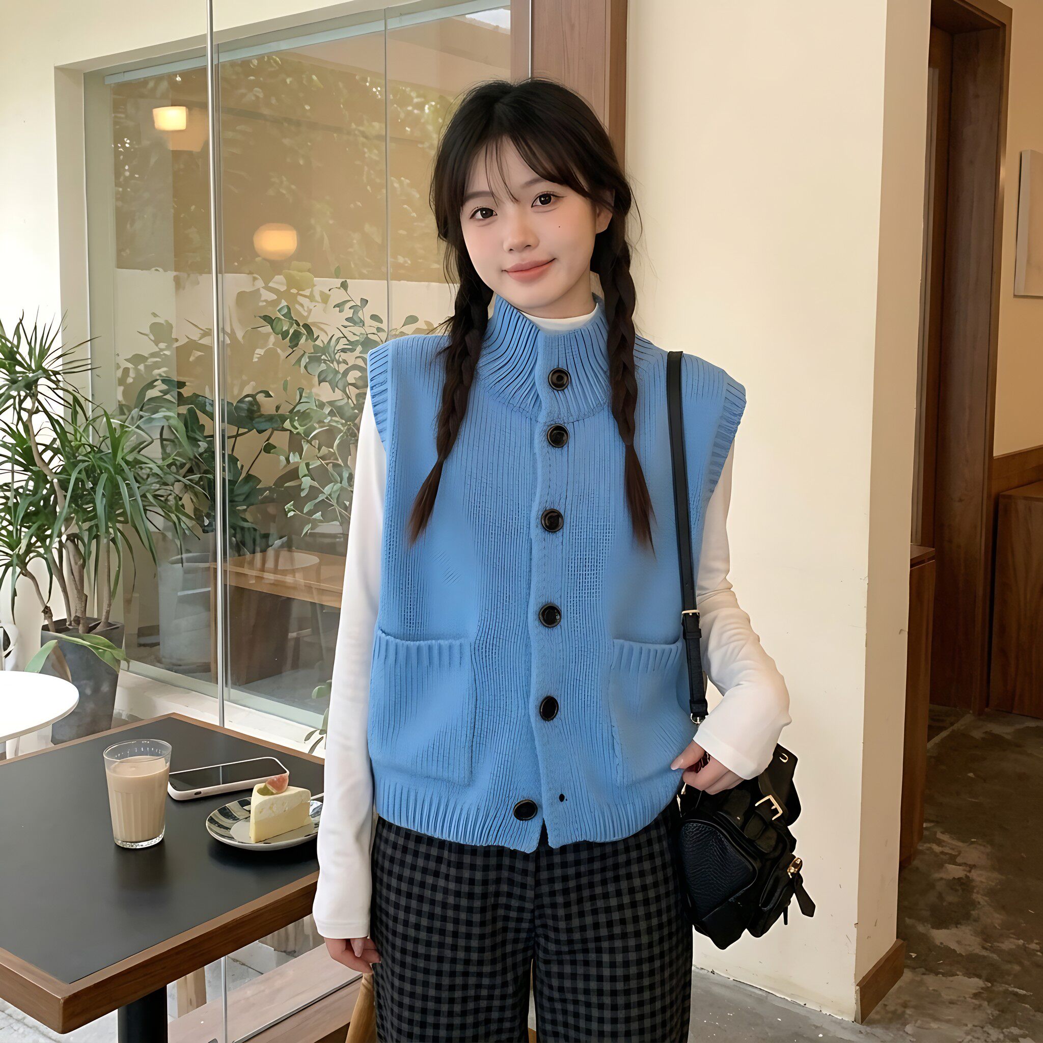 蓝色高领针织马甲女秋冬新款