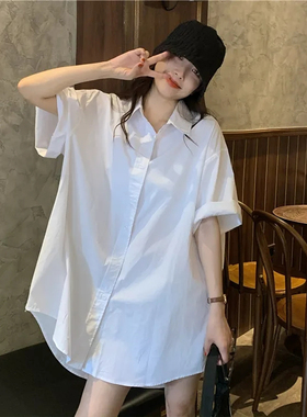 慵懒风短袖衬衫外套女2024春夏新款设计感小众复古港味中长款衬衣