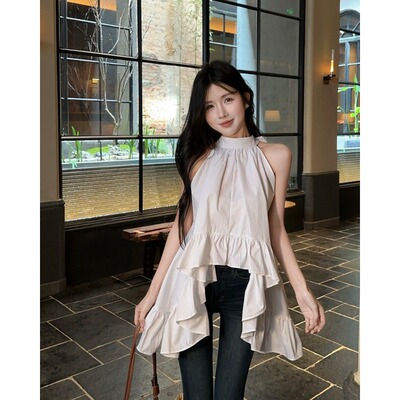 慵懒风韩系设计感荷叶边挂脖无袖背心衬衫女夏季新款宽松露背上衣