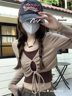 美式复古韩版针织衫女秋季小众修身显瘦小个子短款设计感辣妹上衣