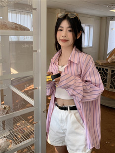 秋季新款韩版宽松显瘦高级感粉色条纹衬衫上衣女设计感小众长袖薄