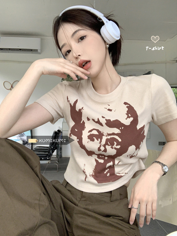 美式圆领短袖打底衫复古印花T恤夏季辣妹修身显瘦甜辣短款上衣女