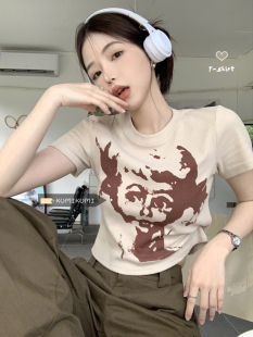 美式圆领短袖打底衫复古印花T恤夏季辣妹修身显瘦甜辣短款上衣女