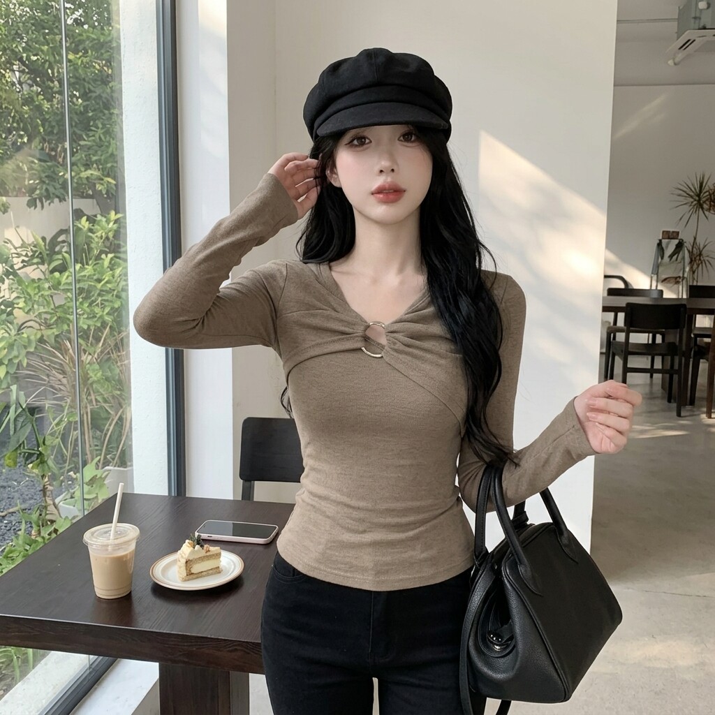 秋季新款金属圆环显瘦女长袖T恤