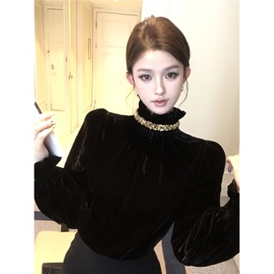 法式亮片拼接长袖衬衫女冬季高级感收腰修身黑色气质绝美上衣