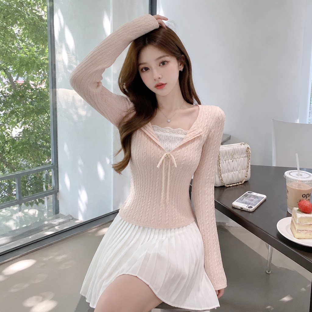 法式蕾丝系带针织打底衫女秋冬