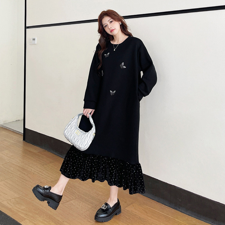 大码胖mm2-300斤秋冬季拼接假两件卫衣裙宽松慵懒风高级感连衣裙