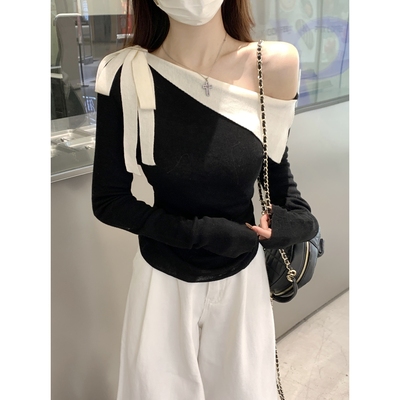 蝴蝶结系带露肩杏色长袖针织衫