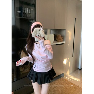 26早春韩系粉色上衣斜肩长袖秋冬新款T恤收设计腰显收腰修身