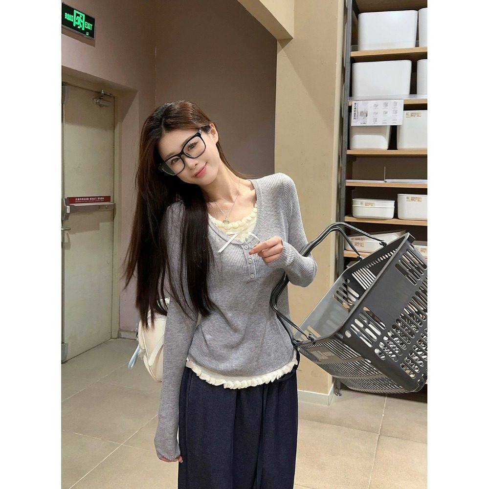 小香风假两件正肩长袖t恤女装秋季小个子设计感小众显瘦百搭上衣