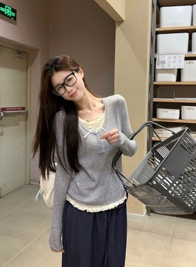 小香风假两件正肩长袖t恤女装秋季小个子设计感小众显瘦百搭上衣