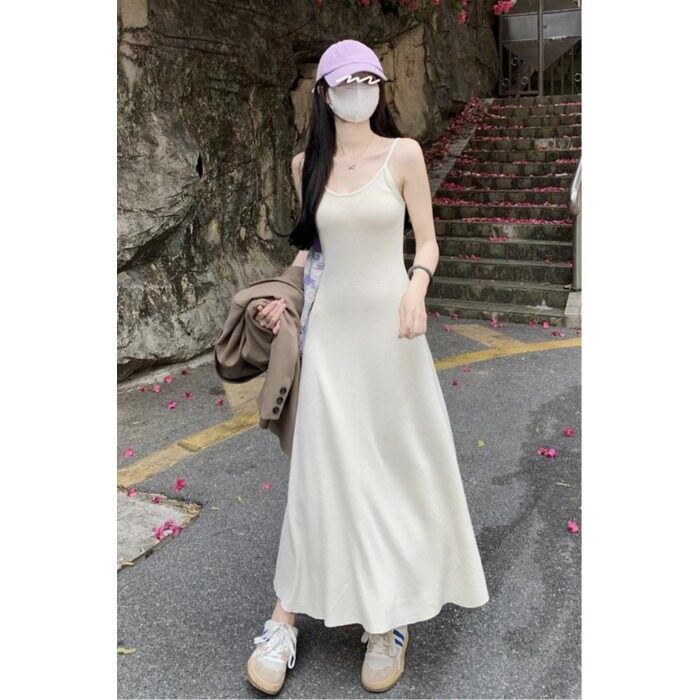 吊带针织粉色连衣裙夏季新款辣妹chic显瘦收腰修身气质长裙