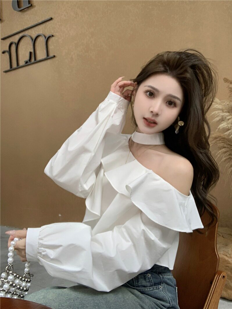 高级感减龄荷叶边露肩挂脖衬衫女春季2026新款法式气质宽松上衣潮