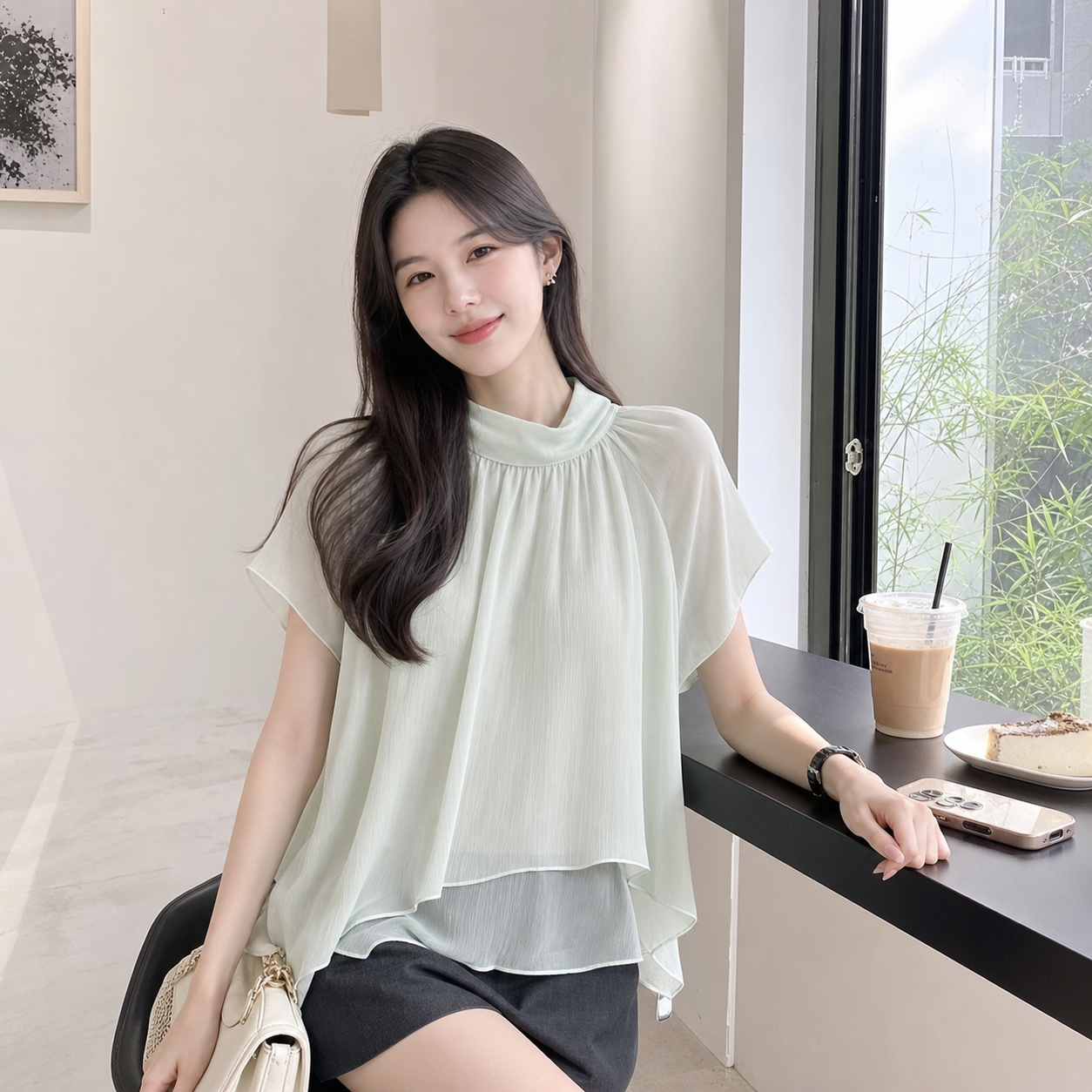 浅绿半高领抽褶雪纺衫宽松遮肉