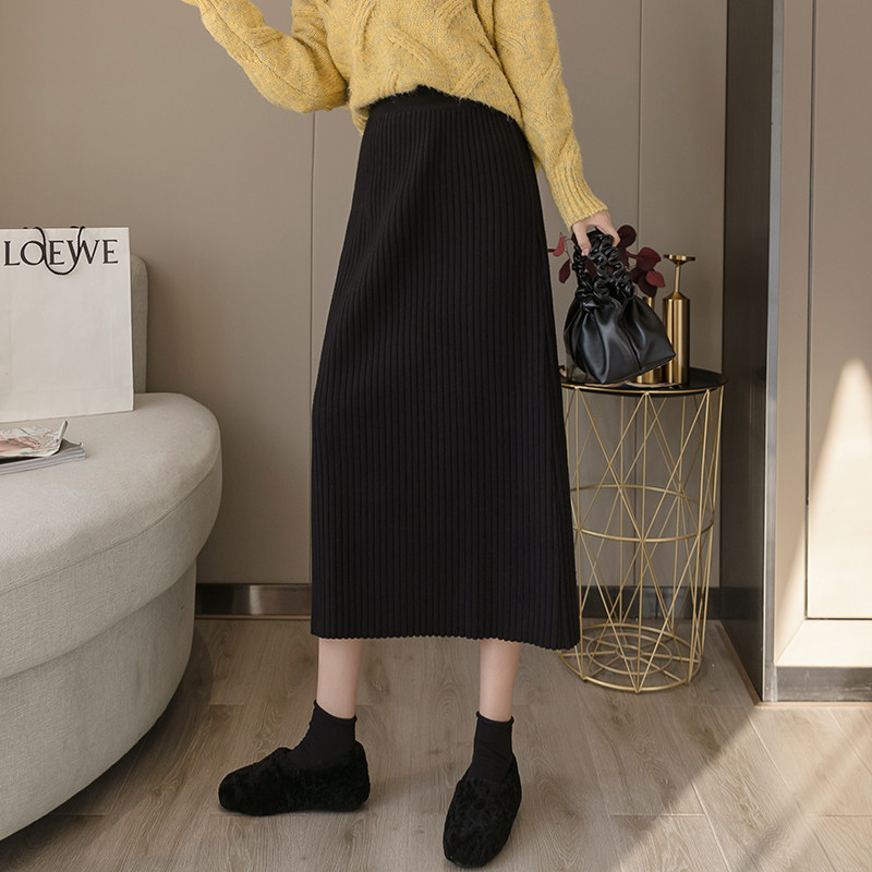 半身裙秋冬2026新款黑色开叉针织裙子中长款高腰a字显瘦包臀裙